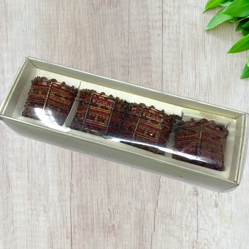 NEW Lot 4 x Pier 1 Moroccan Beaded Napkin Rings Copper Earth Tones Boho Boxed